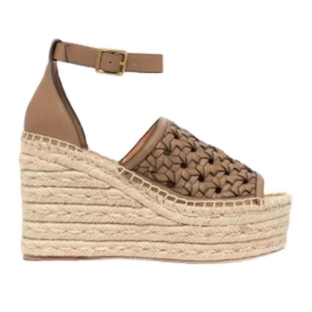 Tory Burch Basketweave Espadrille Leather Wedge Almond Flour Size 11 NWOB